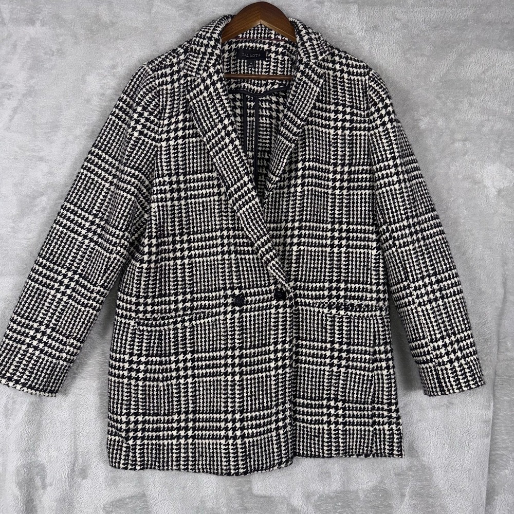 Talbots Women's Black & Off White‎ Houndstooth Plaid Longer Coat Jacket Sz 14